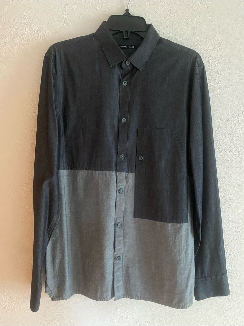 Helmut Lang Dark Gray and Light Grey Colorblock Button-Down Shirt